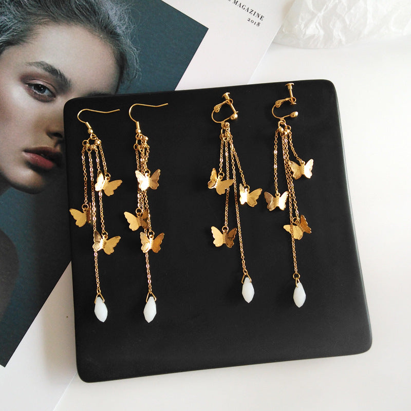BowLift | Korean Style Retro Super Fairy Butterfly Tassel Long Clip on Earrings