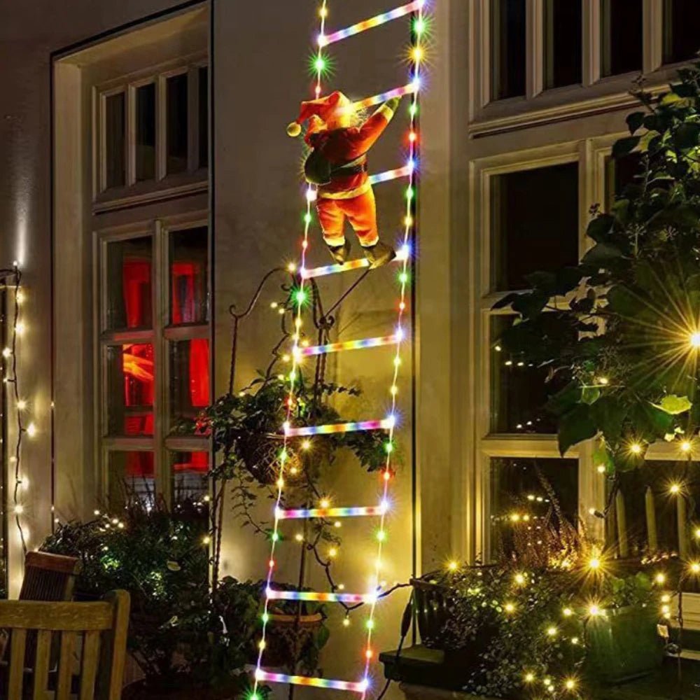 BowLift | Santa Claus Climbing Ladder with LED String Lights – Festive Christmas Decor for Home, Window & Tree