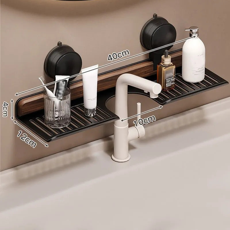 BowLift | Bathroom suction cup sink shelf in walnut design