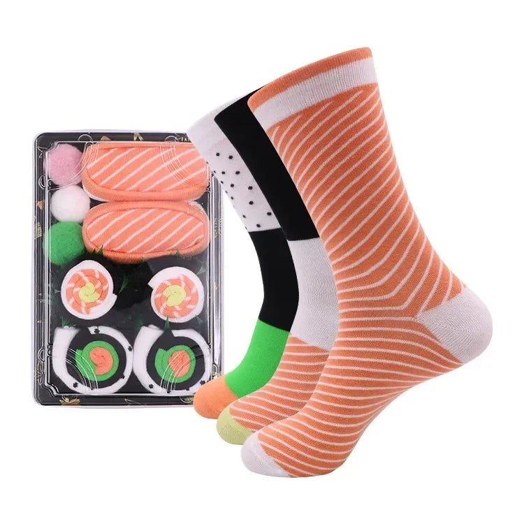 BowLift | Sushi Mid-Calf Socks Gift Set – 3-Pair Harajuku Cotton Socks with Playful Pizza, Burger & Sushi Designs, Perfect for Christmas or Birthday Surprises