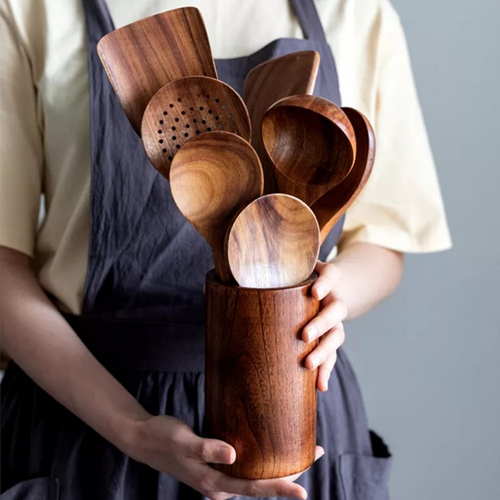 Sustainable Teak Wood Kitchen Utensils Set - Eco-Friendly Cooking Accessories | Bowlift