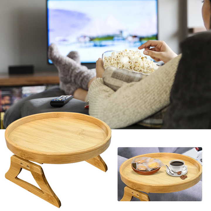 BowLift | Bamboo Sofa Armrest Clip-On Round Tray