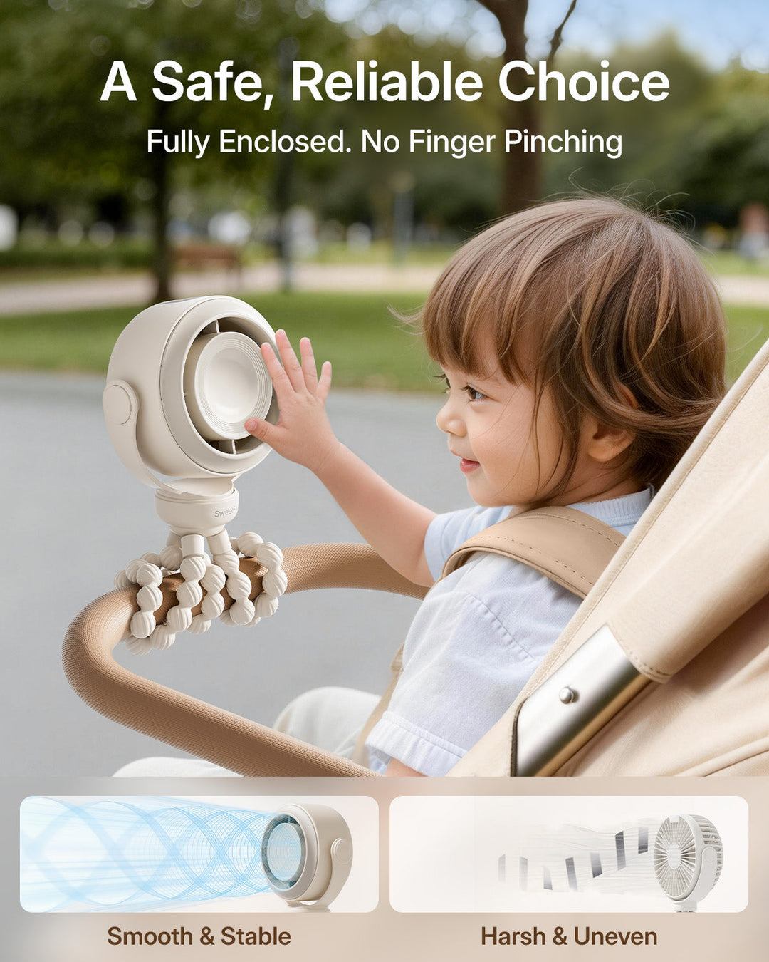 Portable Stroller Fan, Pinch-Proof Baby Fan, 10H Battery, 5-Speed | Bowlift