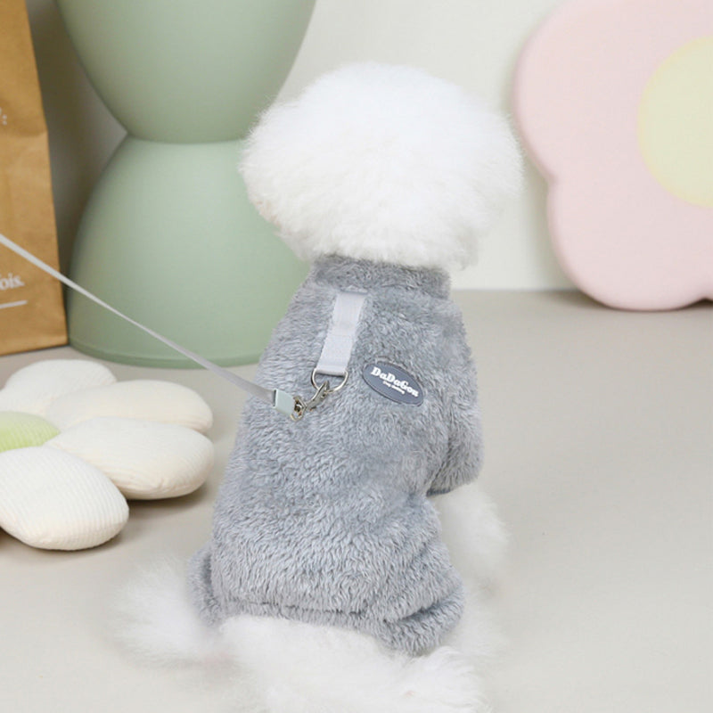 Fleece Pet Elastic Overall with Leash Ring Bowlift