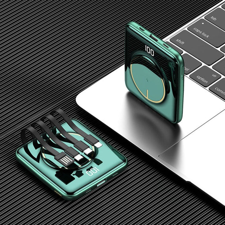 BowLift | 5-in-1 Portable Mini 20000mAh Power Bank, with Wired/Wireless Charging, 4 Built-in Cables & Super Sleek Design, for Phone, Tablet & More