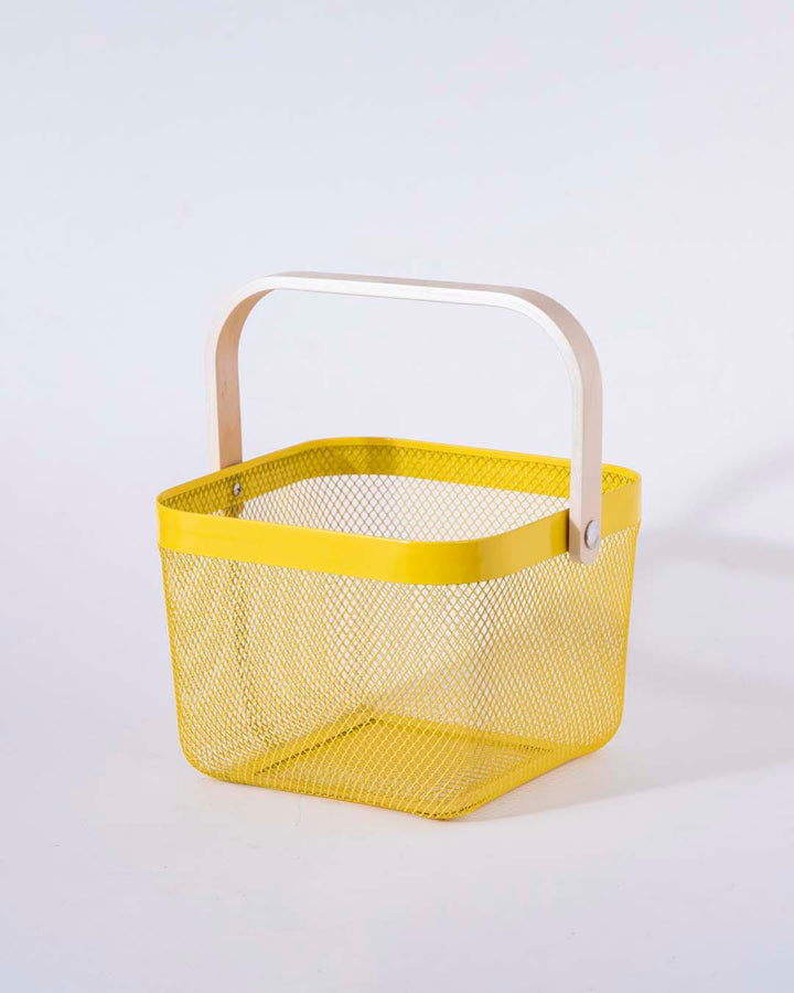 BowLift | Square Metal Storage Basket with Wooden Handle - Yellow - Set of 2