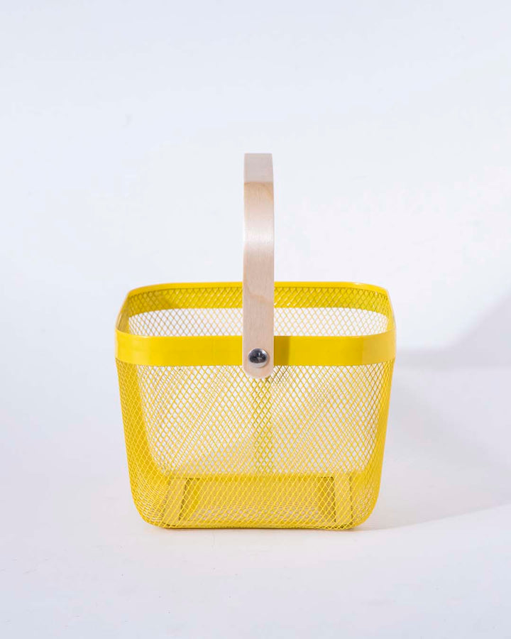 BowLift | Square Metal Storage Basket with Wooden Handle - Yellow - Set of 2