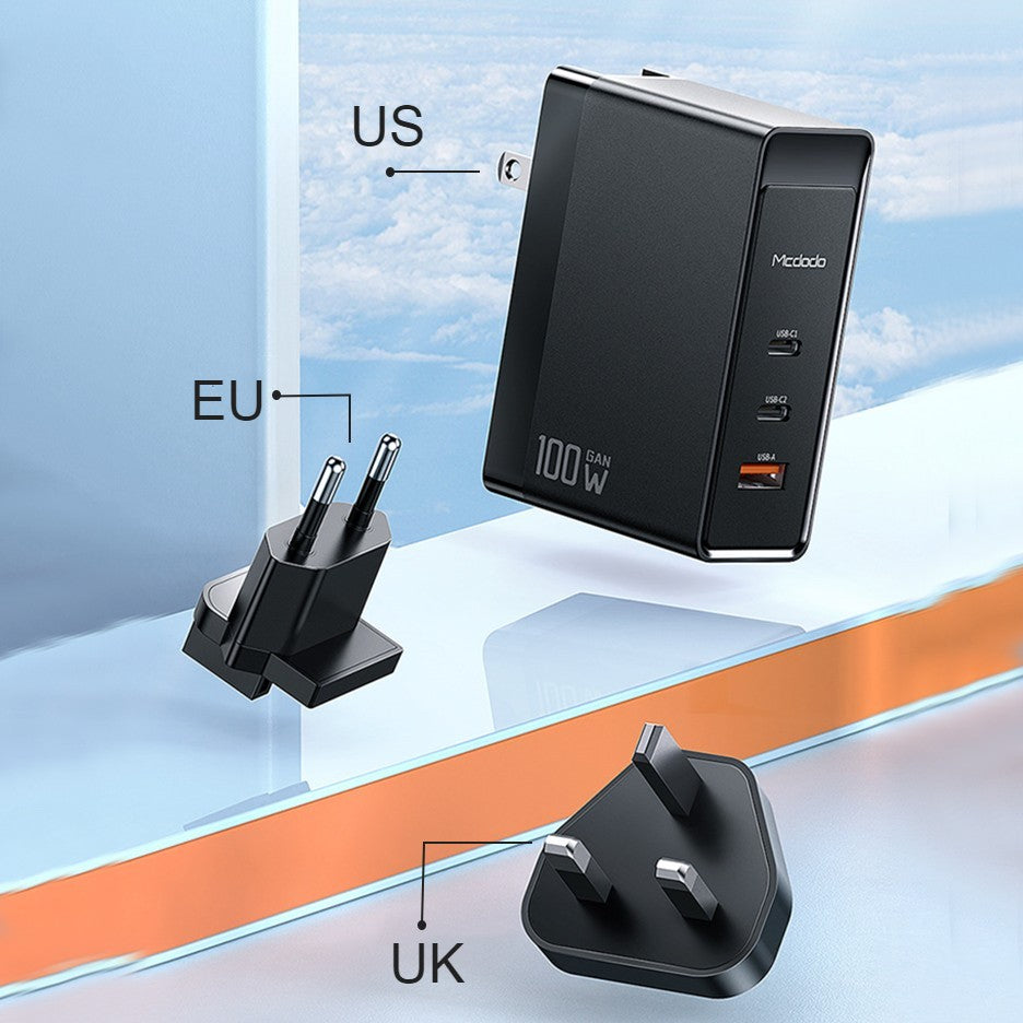 BowLift | 3-in-1 100W Wall Charger, with US/EU/UK Plugs, 2 Type-C & 1 USB Port, for Laptop, Phone, Tablet