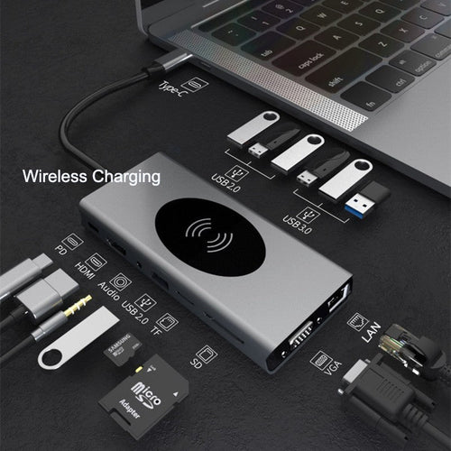 BowLift | Portable 15-in-1 USB C Hub Adapter, with Wireless Charging Board, 4K USB C to HDMI, SD/TF Card Reader and Ethernet