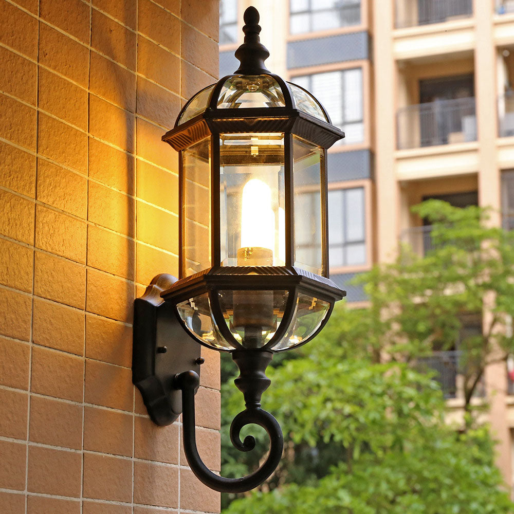 Traditional Vintage Waterproof Hexagonal Aluminum Glass 1-Light Outdoor Wall Sconce Lamp For Garden | Bowlift