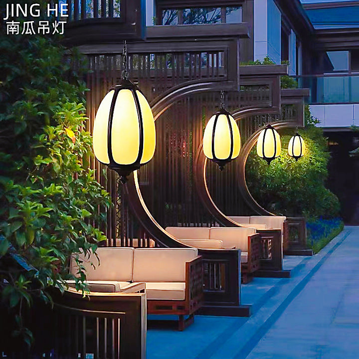 Traditional Chinese Waterproof Aluminum PC Dolomite Elliptical Pumpkin 1-Light Pendant Light For Ourdoor Patio | Bowlift