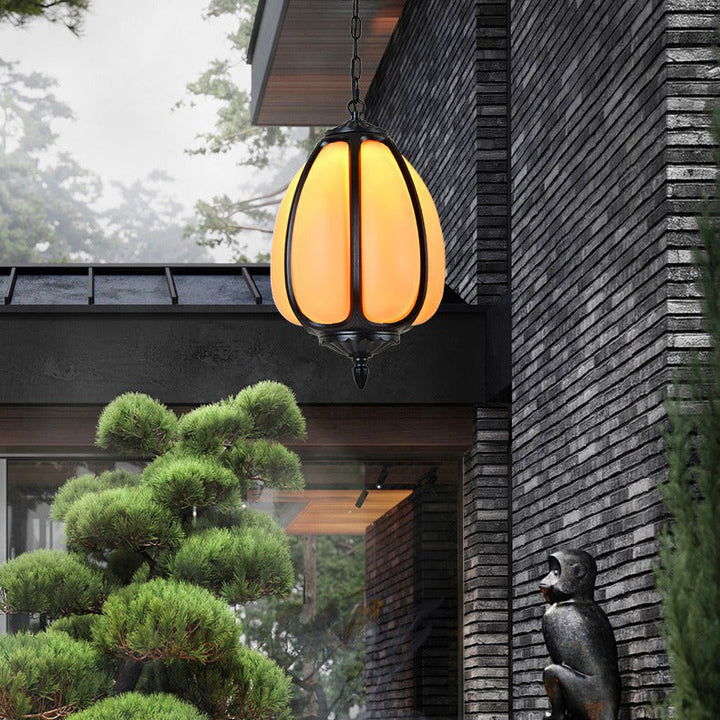Traditional Chinese Waterproof Aluminum PC Dolomite Elliptical Pumpkin 1-Light Pendant Light For Ourdoor Patio | Bowlift
