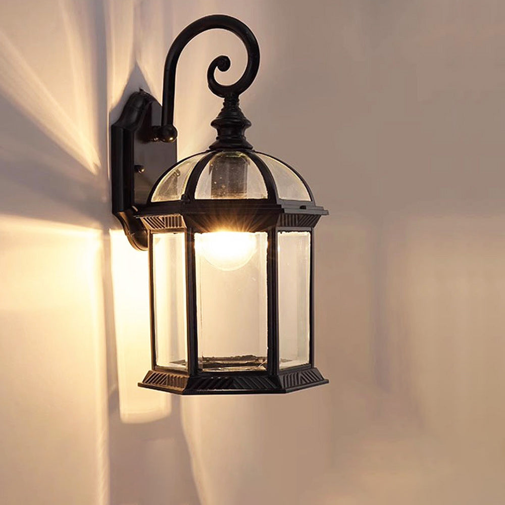 Traditional Vintage Hexagonal Castle Aluminum Glass 1-Light Outdoor Wall Sconce Lamp For Garden | Bowlift