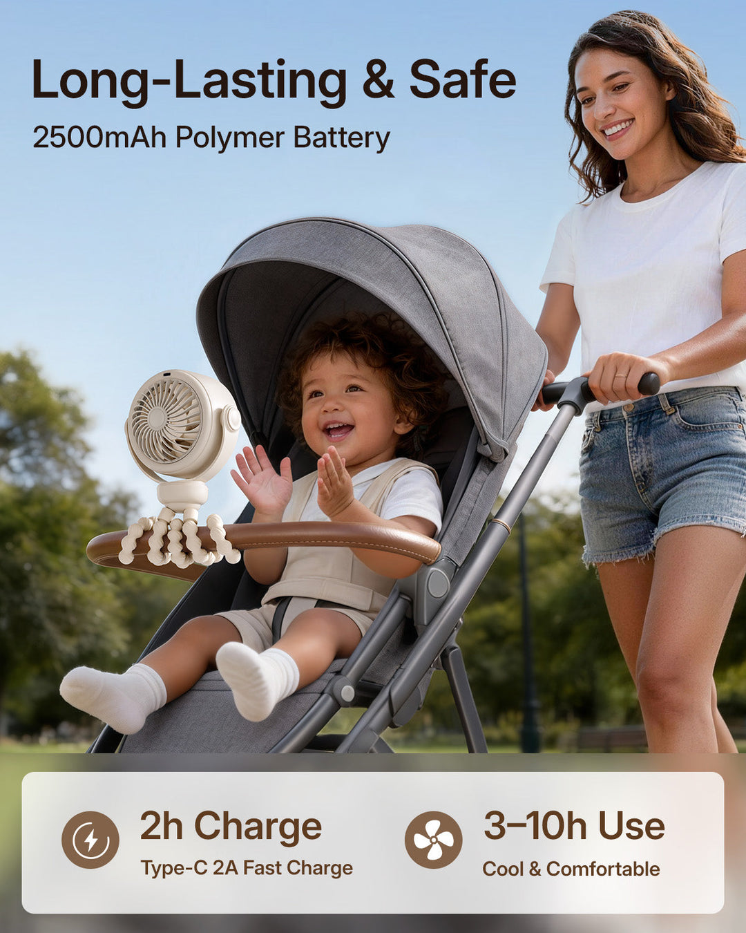 Portable Stroller Fan, Pinch-Proof Baby Fan, 10H Battery, 5-Speed | Bowlift