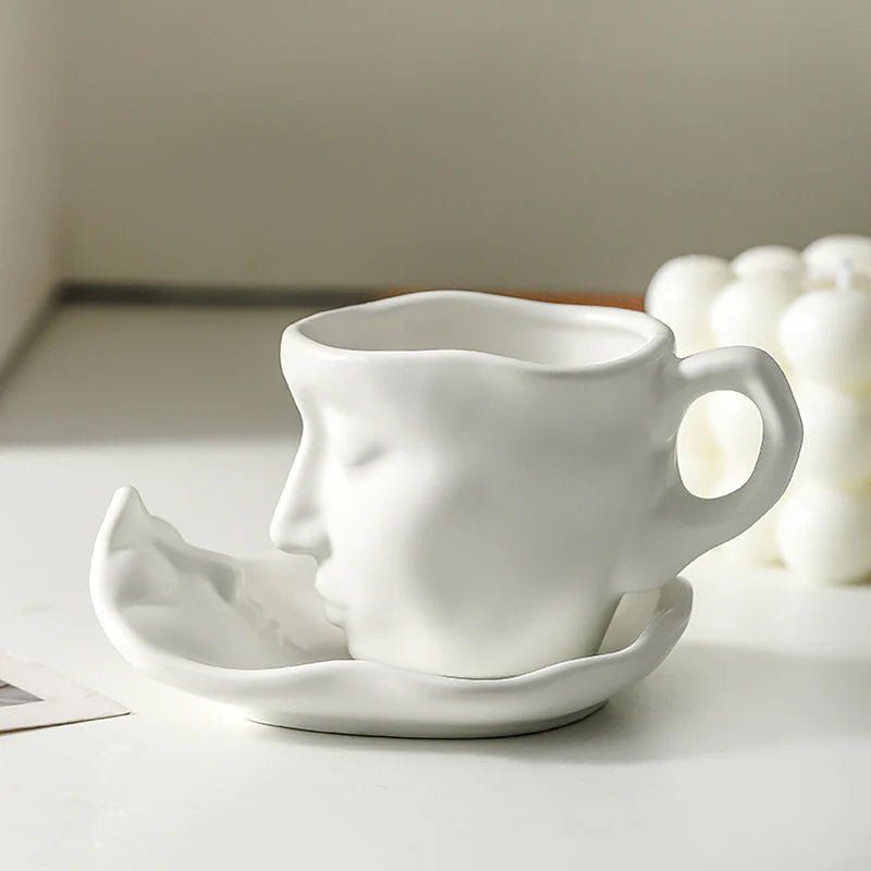 Metal Touching Face Creative Ceramic Kiss Coffee Cup, Artistic Vibe Mug & Saucer Set | Bowlift