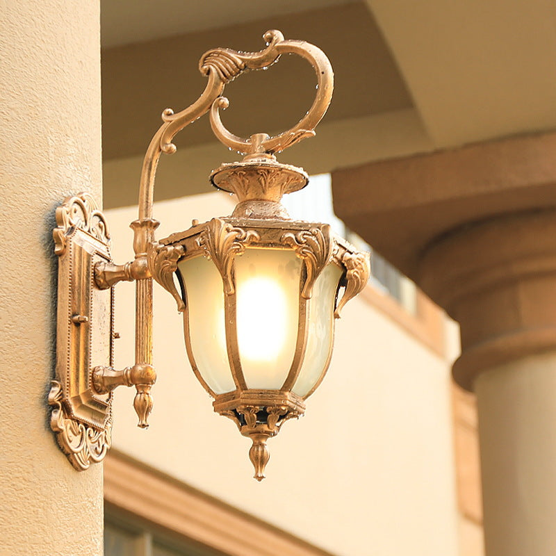 European Retro Aluminum Glass Carved Lantern 1-Light Outdoor Waterproof Wall Sconce Lamp | Bowlift