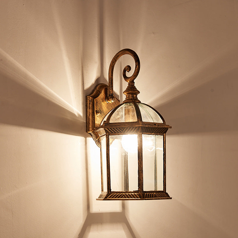 Traditional Vintage Hexagonal Castle Aluminum Glass 1-Light Outdoor Wall Sconce Lamp For Garden | Bowlift