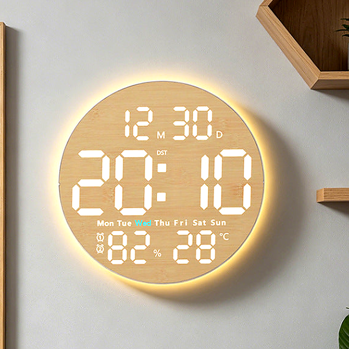 Digital Wood-Effect LED Wall Clock with Alarm Thermometer Hygrometer Bowlift