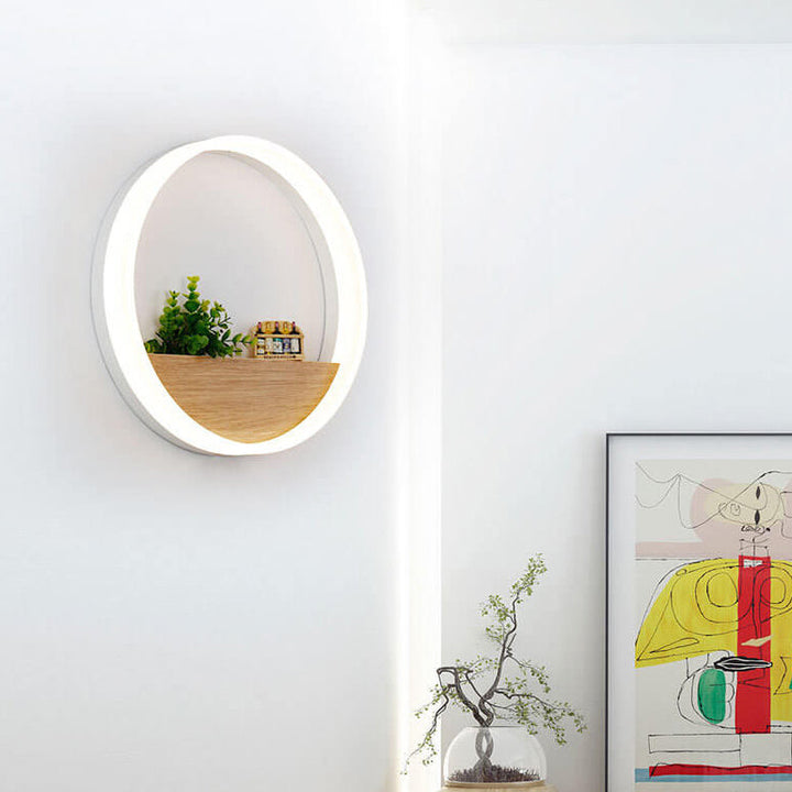 BowLift | Lumoshelf LED Wall Light | Solid Wood with Shelf | Round Wall Lamp | Warm & White Light