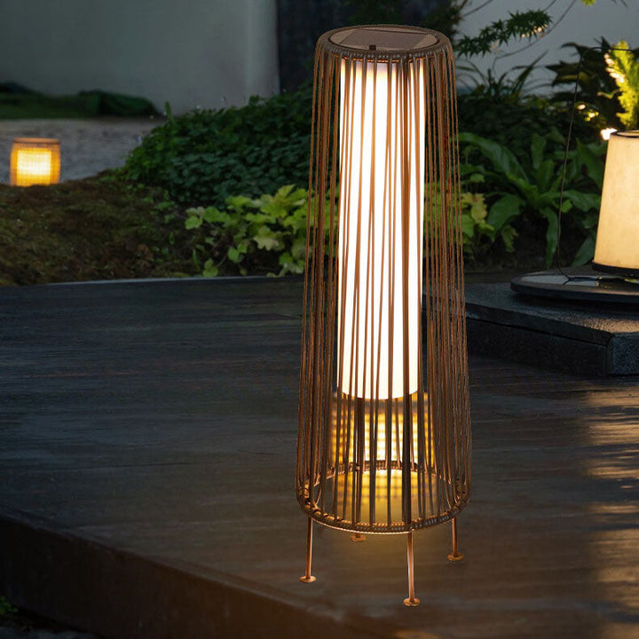 Modern Shabby Chic Solar Round Trapezoidal Iron Rattan Wicker LED Outdoor Light For Outdoor Patio | Bowlift