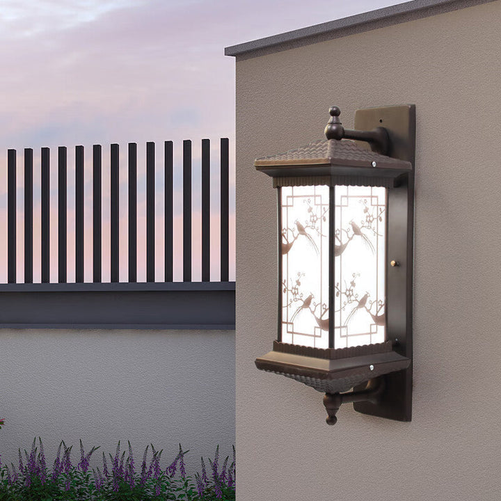 Traditional Chinese Rectangular Aluminum Glass Solar LED Wall Sconce Lamp For Garden | Bowlift
