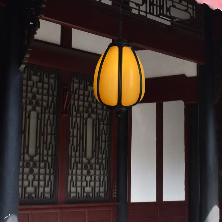 Traditional Chinese Waterproof Aluminum PC Dolomite Elliptical Pumpkin 1-Light Pendant Light For Ourdoor Patio | Bowlift