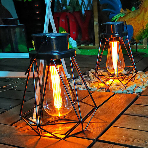 Solar Retro Iron Lantern Geometry LED Decorative Outdoor Landscape Light | Bowlift