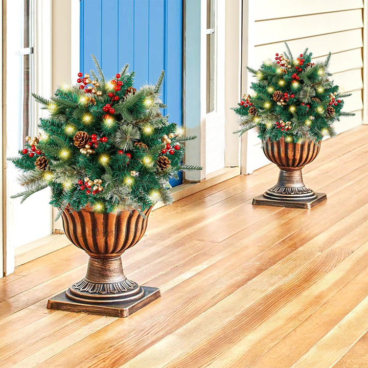 BowLift | Christmas urn decoration with LED lights | Realistic pine branches & berries | Indoor and outdoor