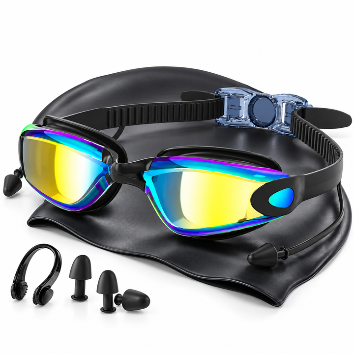 Polarized Anti-Fog Mirrored Competitive Swimming Goggles with Adjustable Split Silicone Strap and Earplugs Bowlift
