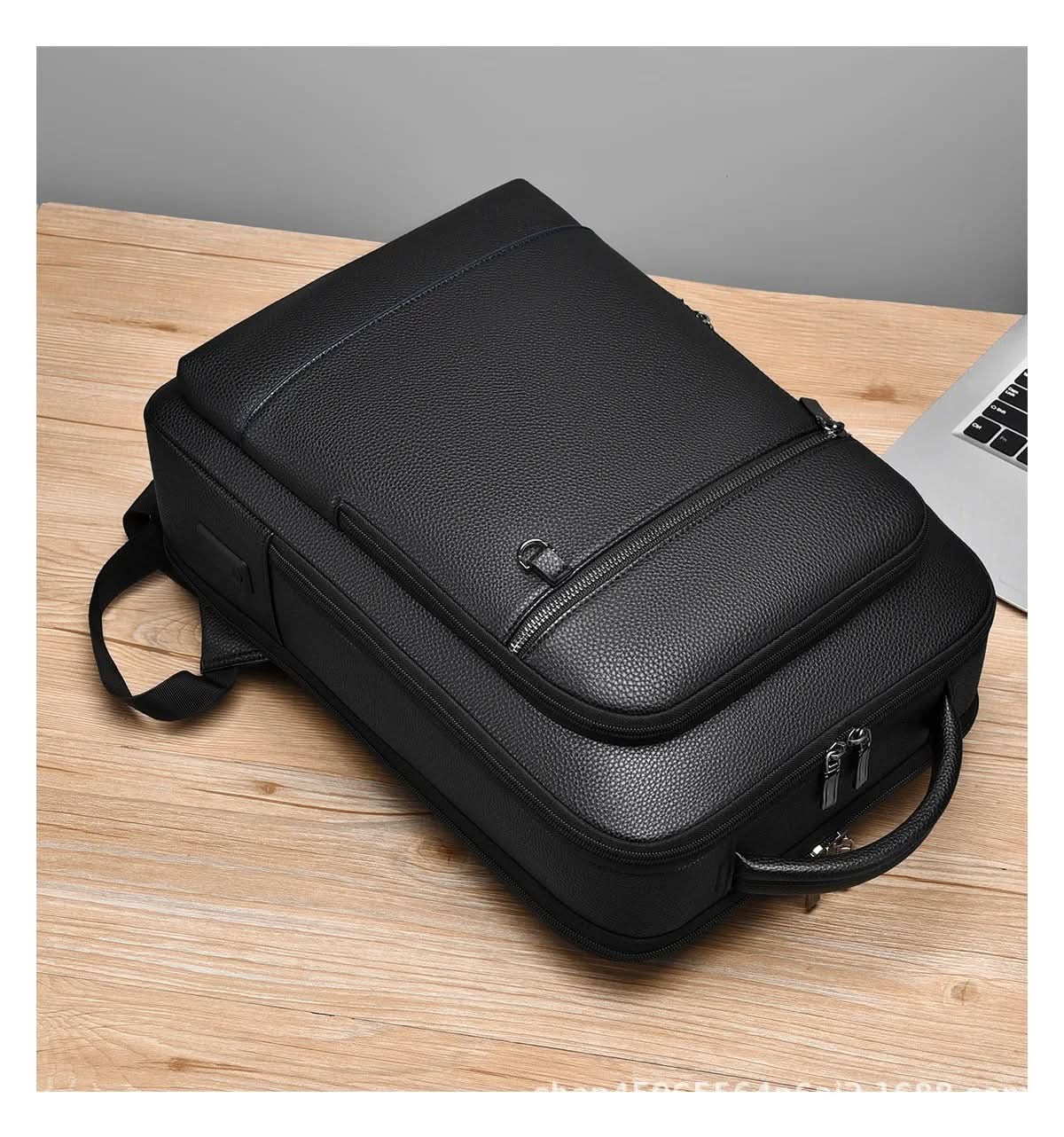 BowLift | Elegant leather rucksack for men/women with USB port for laptop and everyday use, 15.6 inch, black