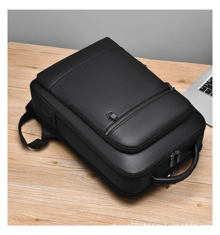 BowLift | Elegant leather rucksack for men/women with USB port for laptop and everyday use, 15.6 inch, black