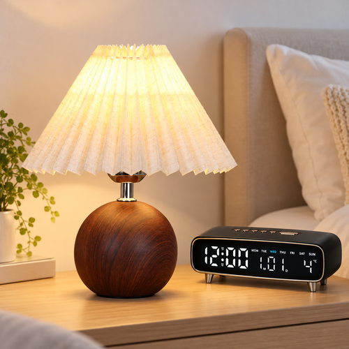 Wood-Effect Round Table Lamp with Pleated Linen Shade Bowlift