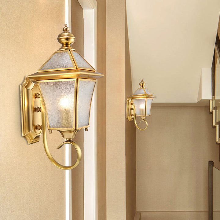 European Modern Luxury Quadrilateral Brass Glass Waterproof 1-Light Outdoor Wall Sconce Lamp | Bowlift