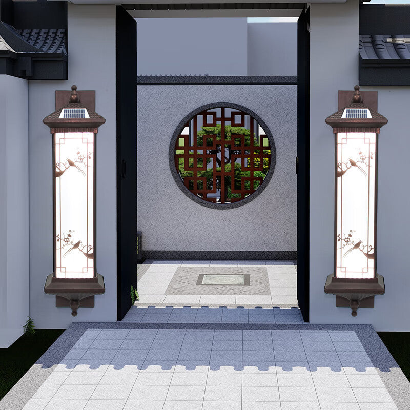 Traditional Chinese Rectangular Aluminum Glass Solar LED Wall Sconce Lamp For Garden | Bowlift