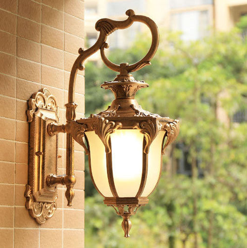 European Retro Aluminum Glass Carved Lantern 1-Light Outdoor Waterproof Wall Sconce Lamp | Bowlift