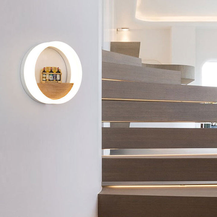 BowLift | Lumoshelf LED Wall Light | Solid Wood with Shelf | Round Wall Lamp | Warm & White Light
