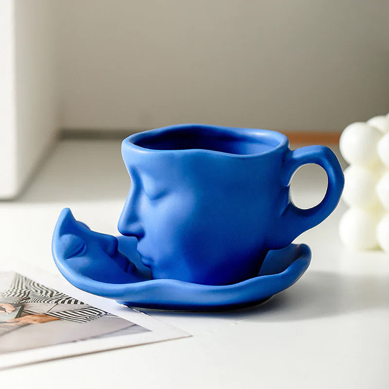 Metal Touching Face Creative Ceramic Kiss Coffee Cup, Artistic Vibe Mug & Saucer Set | Bowlift
