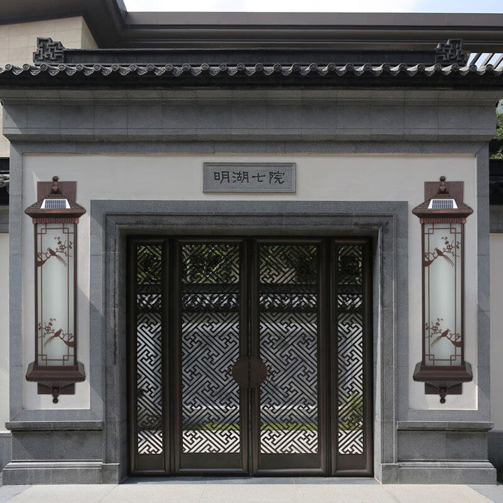 Traditional Chinese Rectangular Aluminum Glass Solar LED Wall Sconce Lamp For Garden | Bowlift