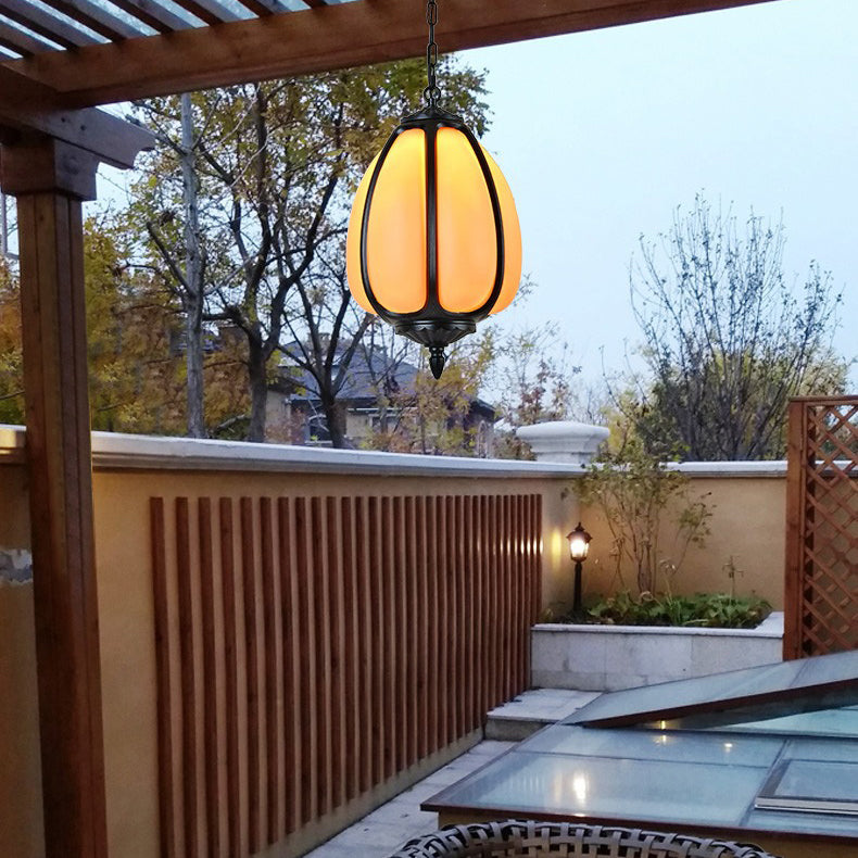 Traditional Chinese Waterproof Aluminum PC Dolomite Elliptical Pumpkin 1-Light Pendant Light For Ourdoor Patio | Bowlift