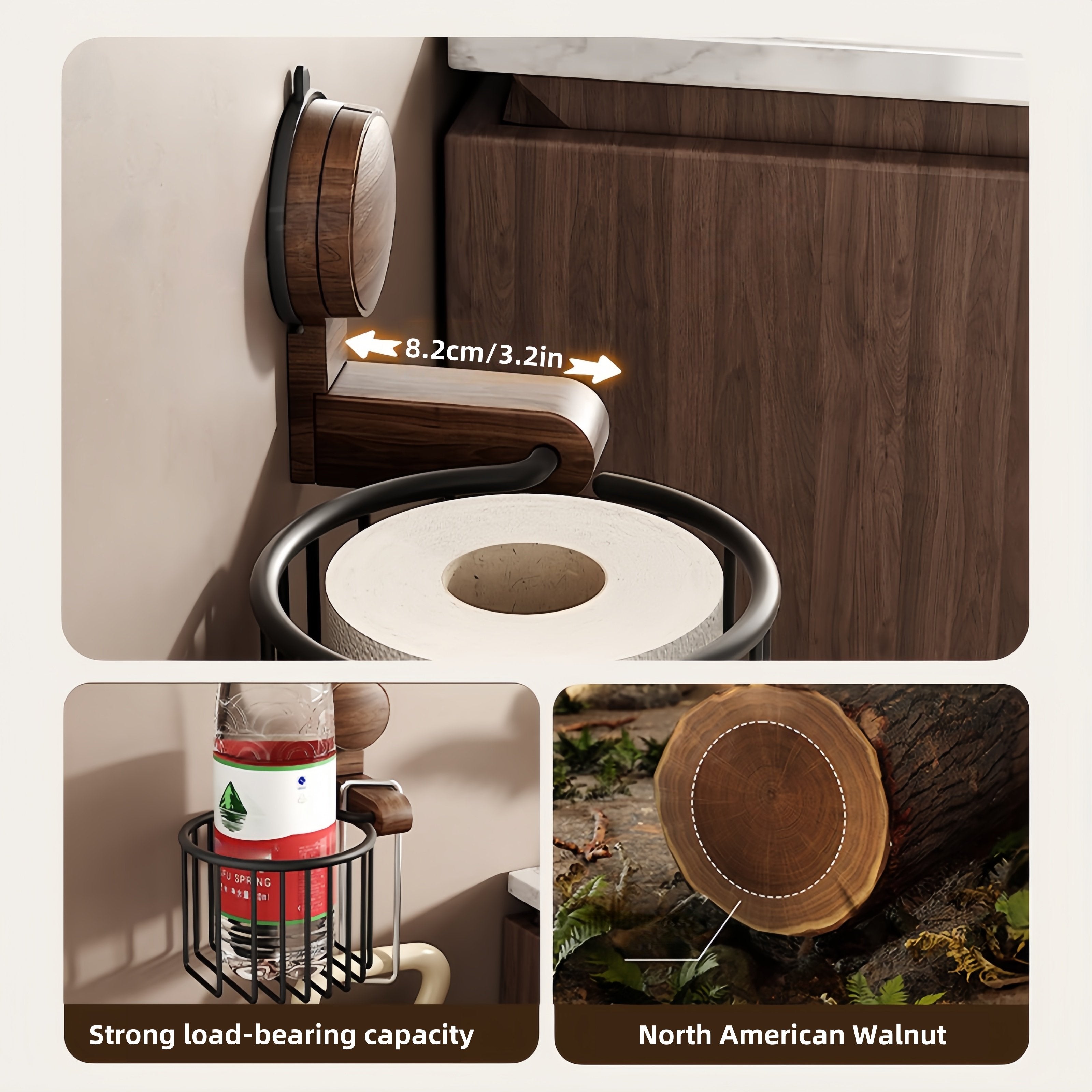 BowLift | Walnut Wood Toilet Paper Holder – Drill-Free with Suction Cup
