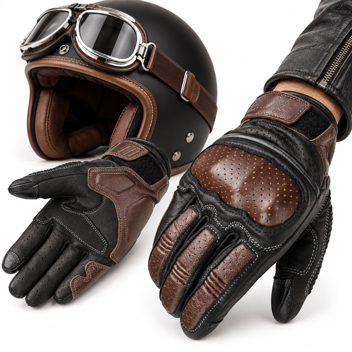 Motorcycle Leather Riding Gloves with Hard Knuckle Armor and Perforated Breathable Panels Bowlift