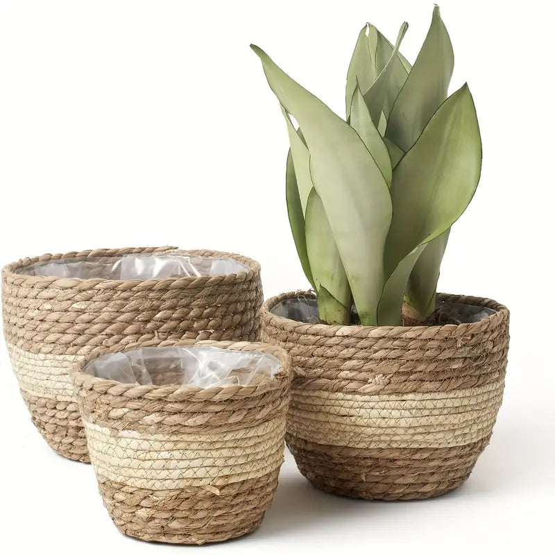 BowLift | Decorative plant baskets made of seagrass in a set of 3 – Handwoven flower pots with foil insert