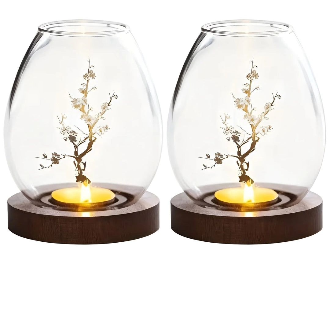 2-piece set glass candle holders with wooden base - decorative in retro zen style | perfect for living room, taBowlifte decoration and outdoor | Bowlift