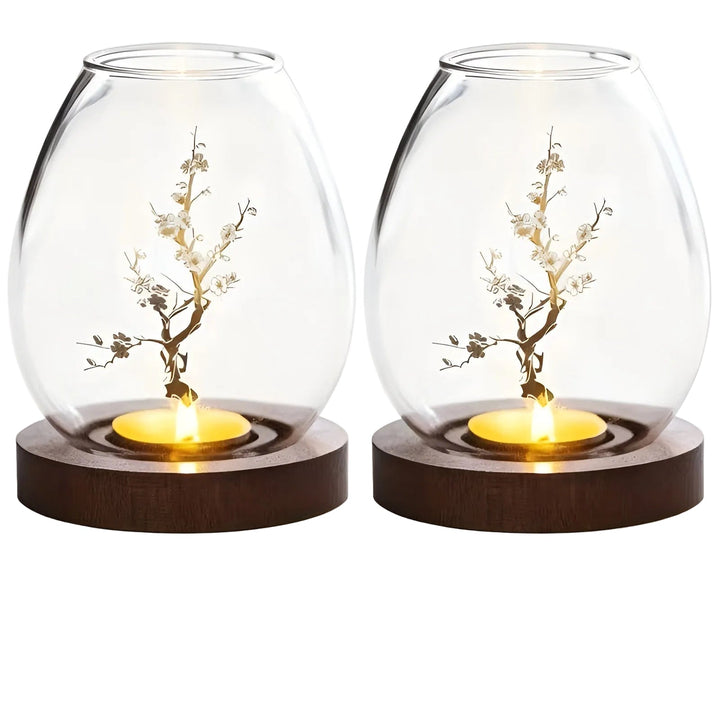 2-piece set glass candle holders with wooden base - decorative in retro zen style | perfect for living room, taBowlifte decoration and outdoor | Bowlift