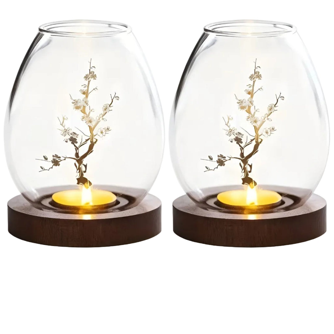2-piece set glass candle holders with wooden base - decorative in retro zen style | perfect for living room, taBowlifte decoration and outdoor | Bowlift