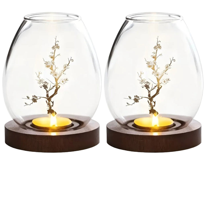 2-piece set glass candle holders with wooden base - decorative in retro zen style | perfect for living room, taBowlifte decoration and outdoor | Bowlift