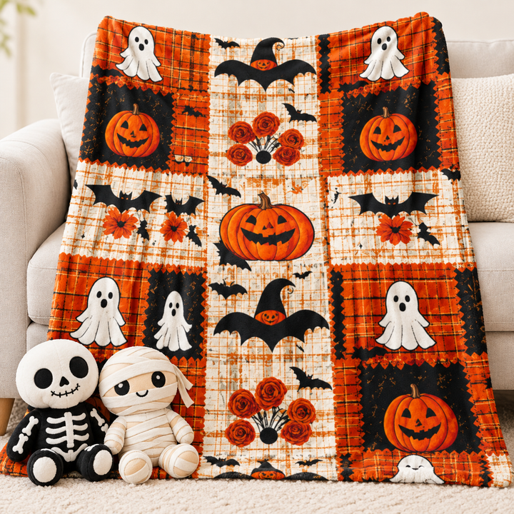 Halloween Patchwork Quilted Plush Throw Blanket Bowlift