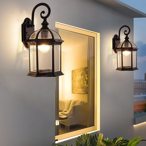 Traditional Vintage Hexagonal Castle Aluminum Glass 1-Light Outdoor Wall Sconce Lamp For Garden | Bowlift