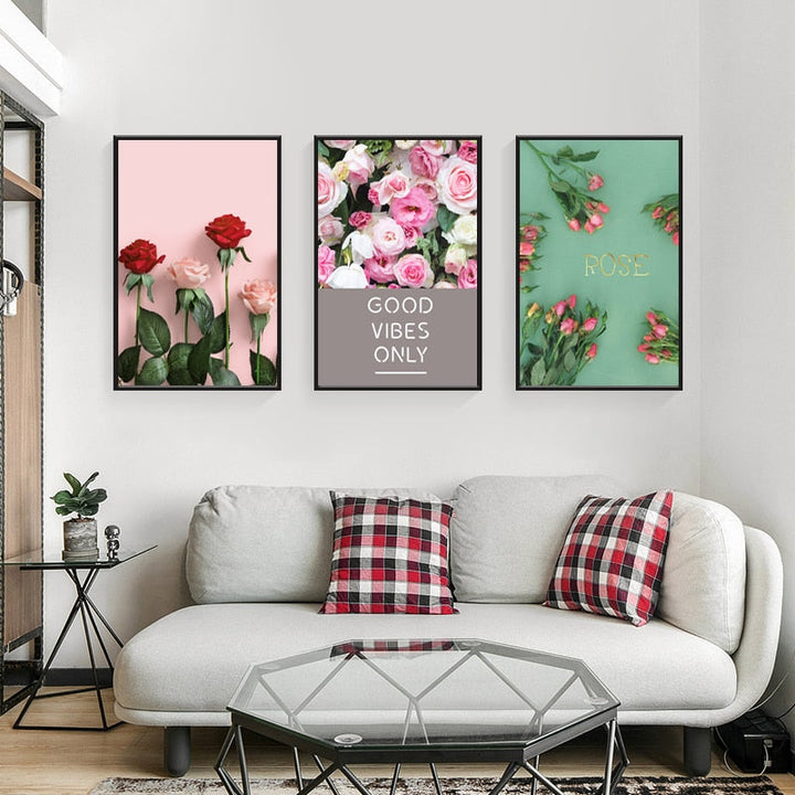 Modern Rose Floral Good Vibes Only - Canvas Wall Art Painting | Bowlift