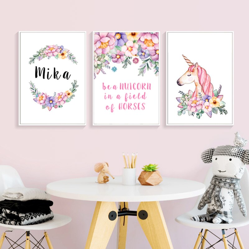 Modern Pink Cartoon Nursery Decor Customized Name - Canvas Wall Art Painting | Bowlift